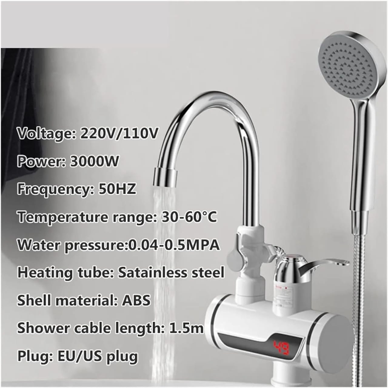 Instant Electric Water Heater Tap with LED Display & Shower Set Heating Faucet with Temperature (3 months Replacement warranty)